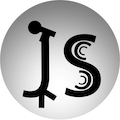 A circle that looks like a spotlight with the letters JS in it. The J looks like a mic stand, and the S looks like sound waves.
